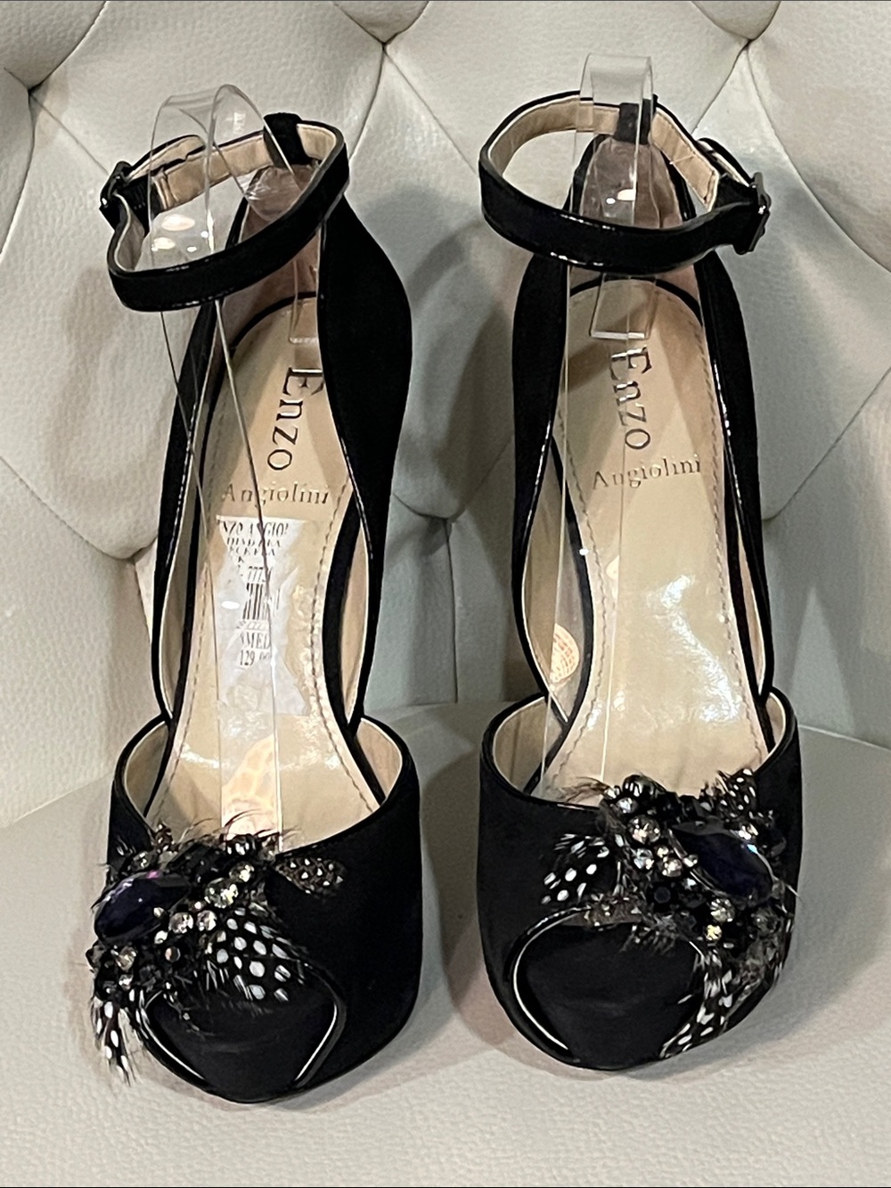Enzo Angiolini Black Suede prep toe w Feathers jeweled Ankle Platforms Size 8 - Picture 5 of 16